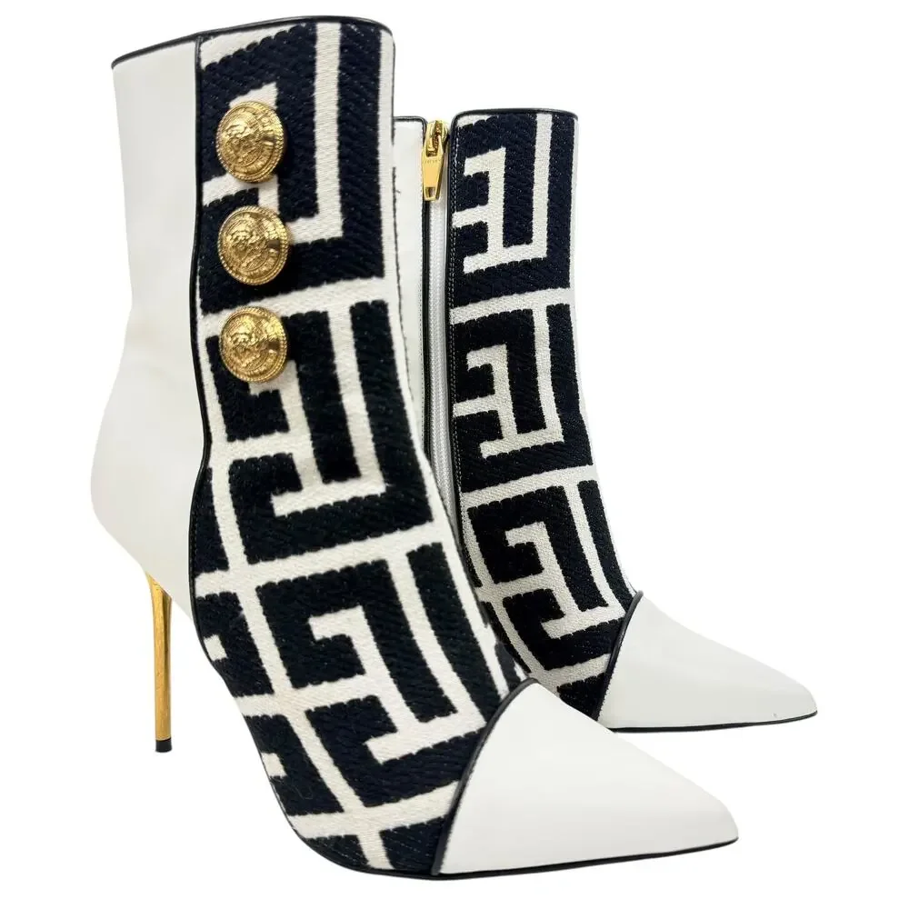 Balmain Roni Monogram Jacquard Leather Ankle Booties White Size 37.5